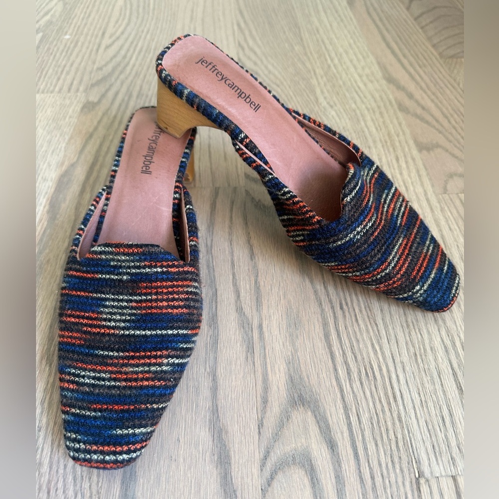Jeffrey Campbell Woven Striped Pointed Toe Kitten Mules Slides Boho Retro Y2K